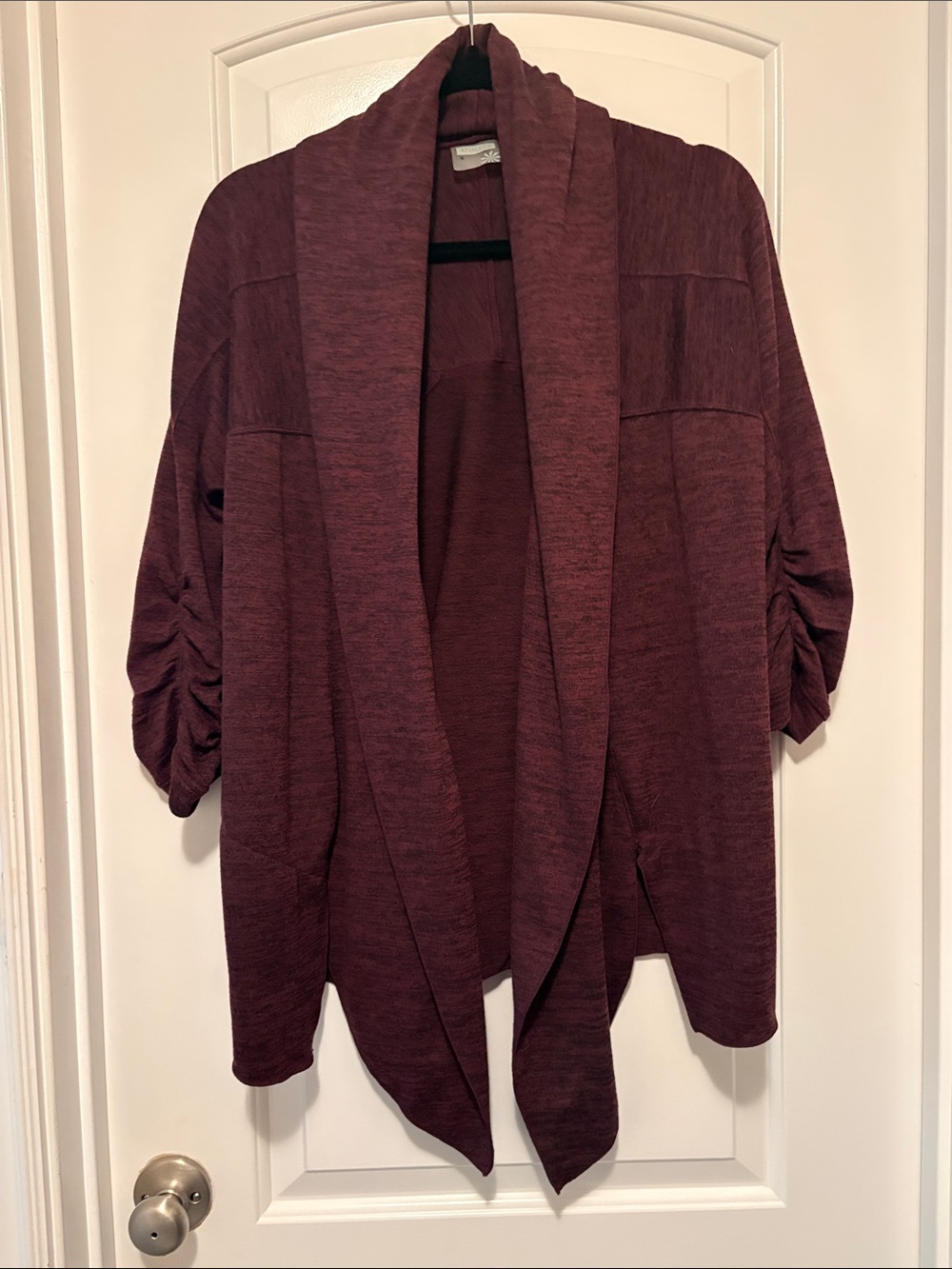 Athleta Marled Burgundy Open-Front Cardigan with Ruched Sleeves